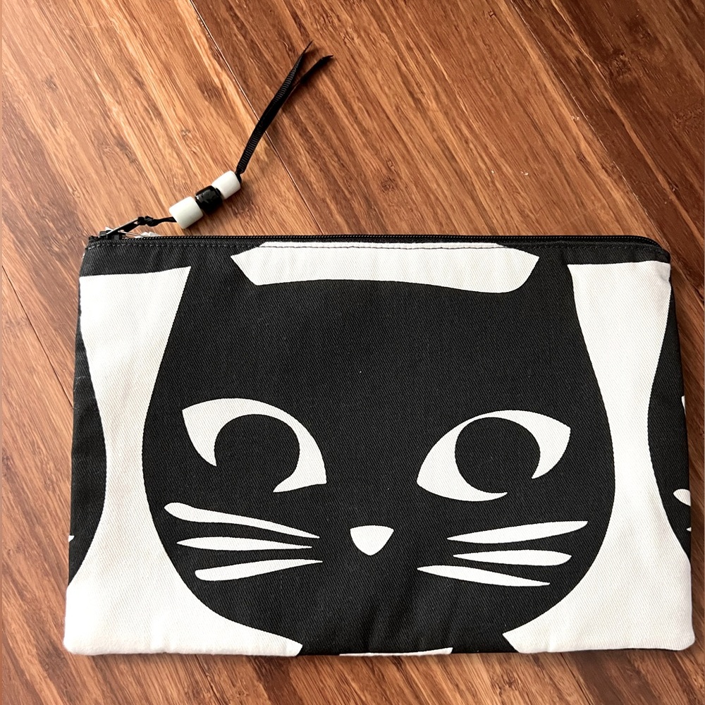 Black cat handmade zipper bag with polka dot interior
